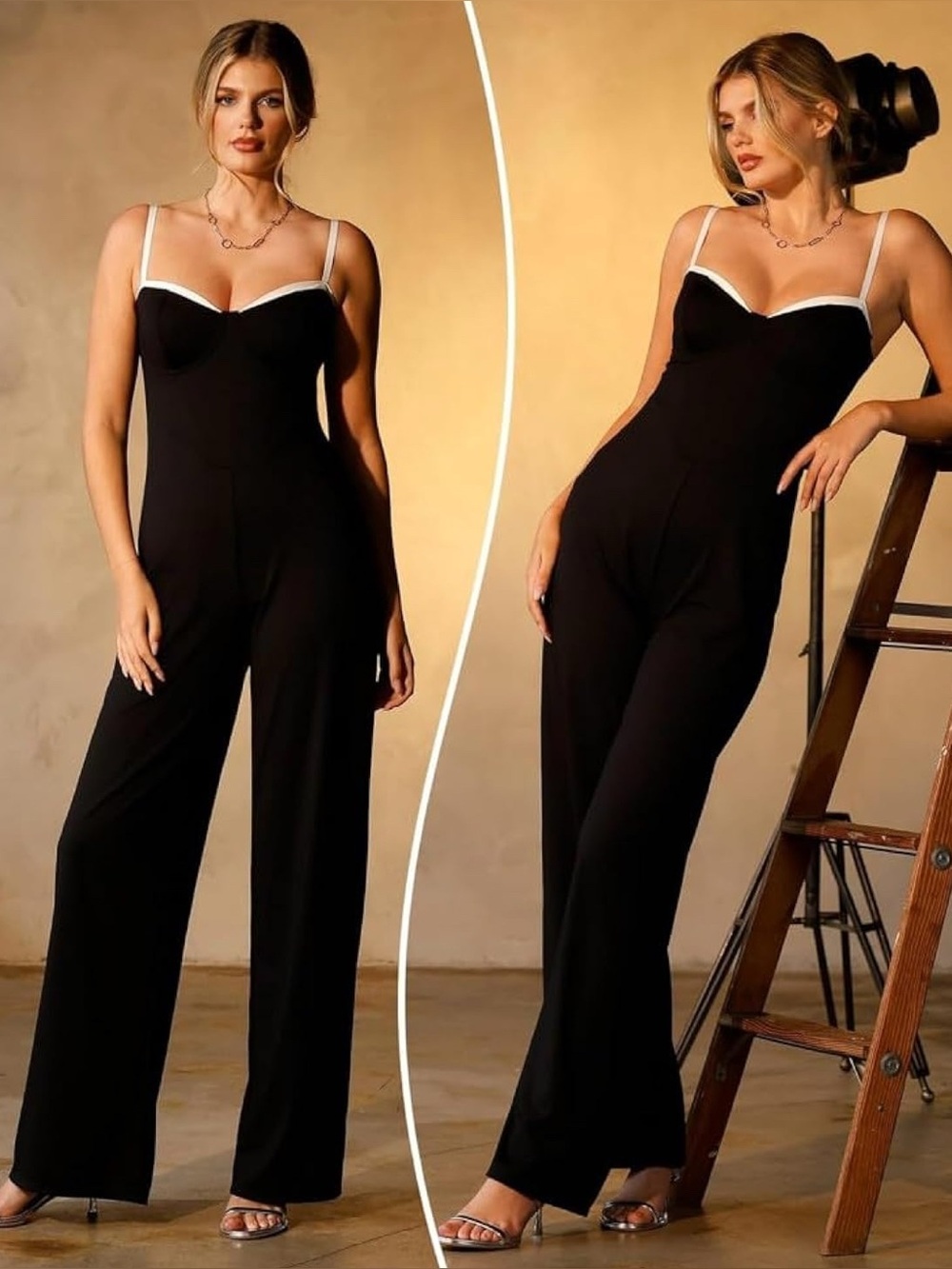 NWT Popilush Built-In Shapewear Contrast Trim Formal Wide-Leg Dressy Jumpsuit - Picture 14 of 14